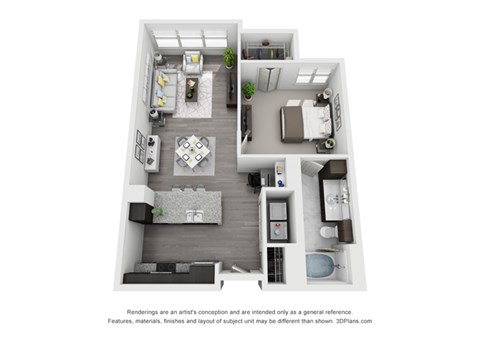Floor plan for 1 bed, 1 bath, 755 sqft