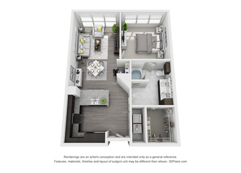 Floor plan for 1 bed, 1 bath, 761 sqft
