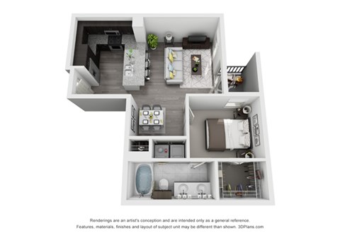 Floor plan for 1 bed, 1 bath, 765 sqft