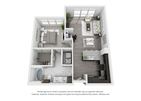 Floor plan for 1 bed, 1 bath, 884 sqft