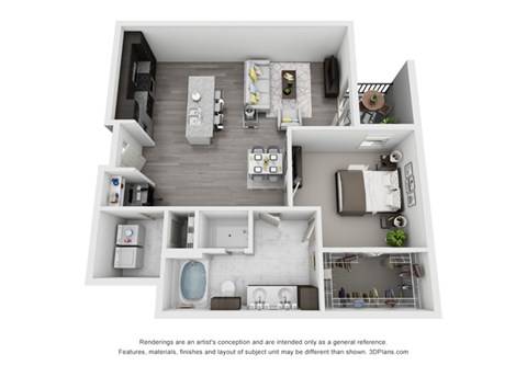 Floor plan for 1 bed, 1 bath, 907 sqft