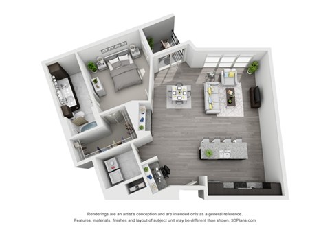 Floor plan for 1 bed, 1 bath, 999 sqft