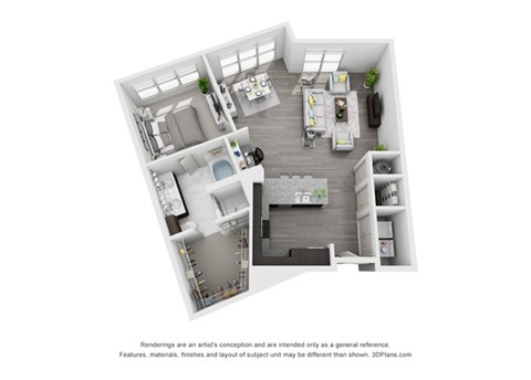 Floor plan for 1 bed, 1 bath, 1015 sqft