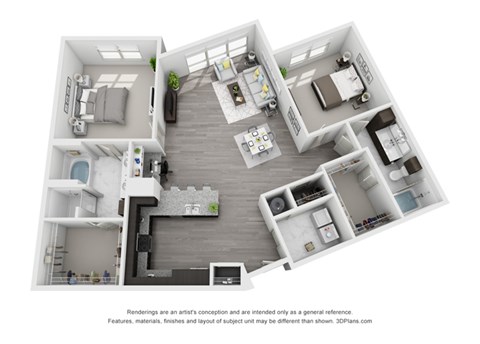Floor plan for 2 beds, 2 baths, 1290 sqft