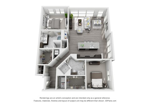 Floor plan for 2 beds, 2 baths, 1358 sqft