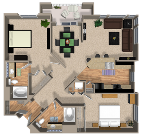 Floor plan for 2 beds, 2 baths, 1265 sqft