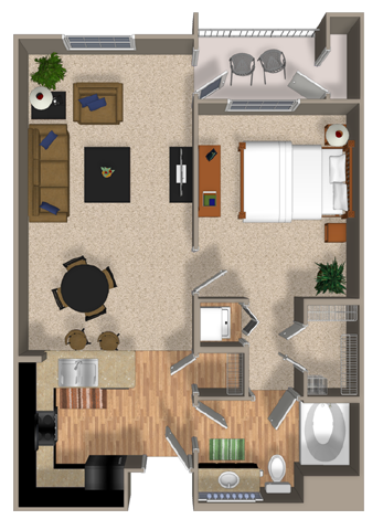 Floor plan for 1 bed, 1 bath, 754 sqft