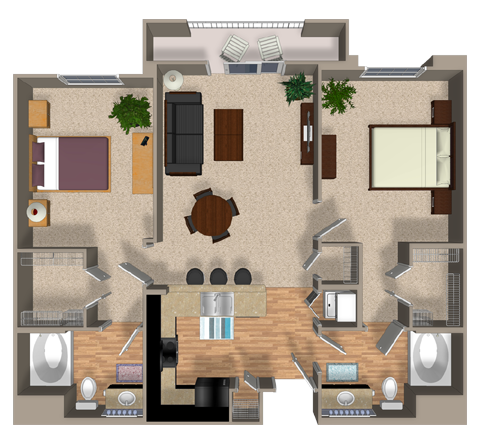 Floor plan for 2 beds, 2 baths, 1050 sqft