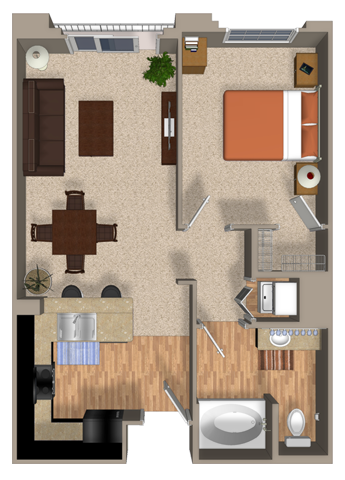 Floor plan for 1 bed, 1 bath, 646 sqft