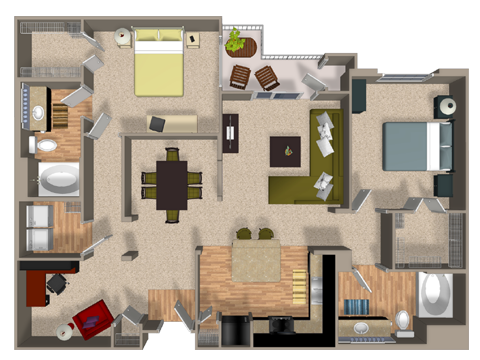 Floor plan for 2 beds, 2 baths, 1401 sqft