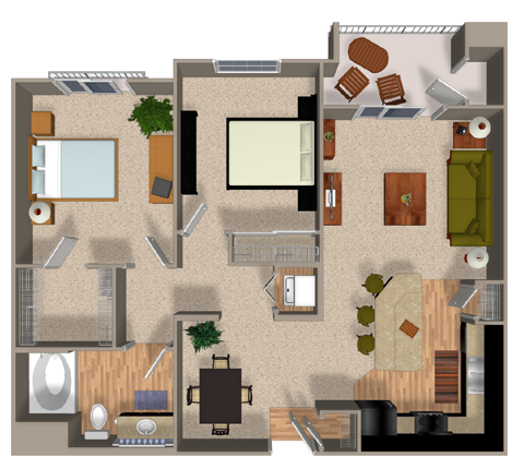 Floor plan for 2 beds, 1 bath, 996 sqft