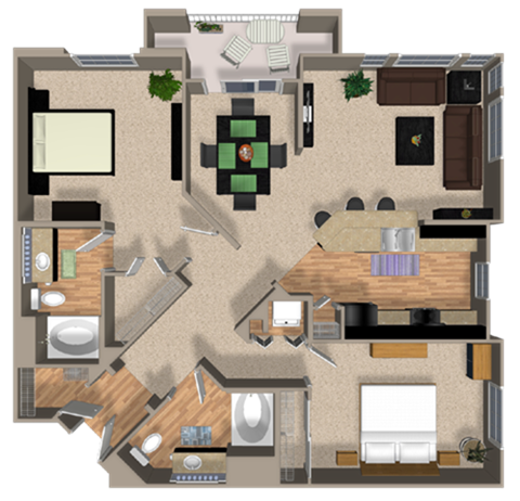 Floor plan for 2 beds, 2 baths, 1265 sqft