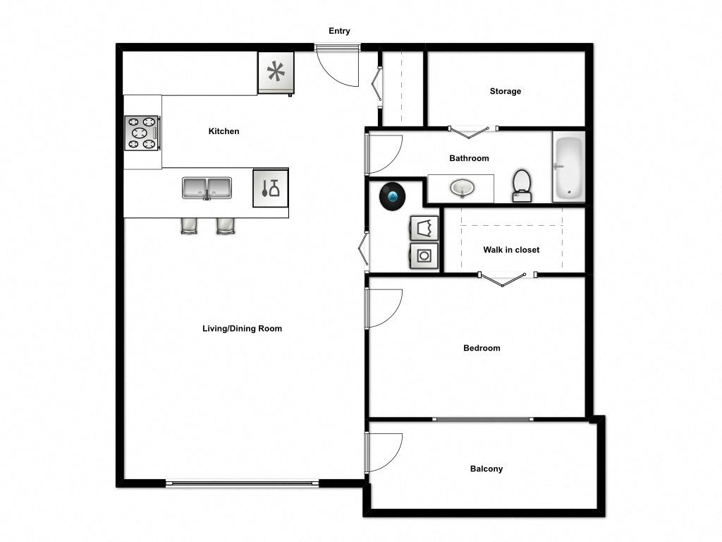 Floor plan for 1 bed, 1 bath, 628 sqft