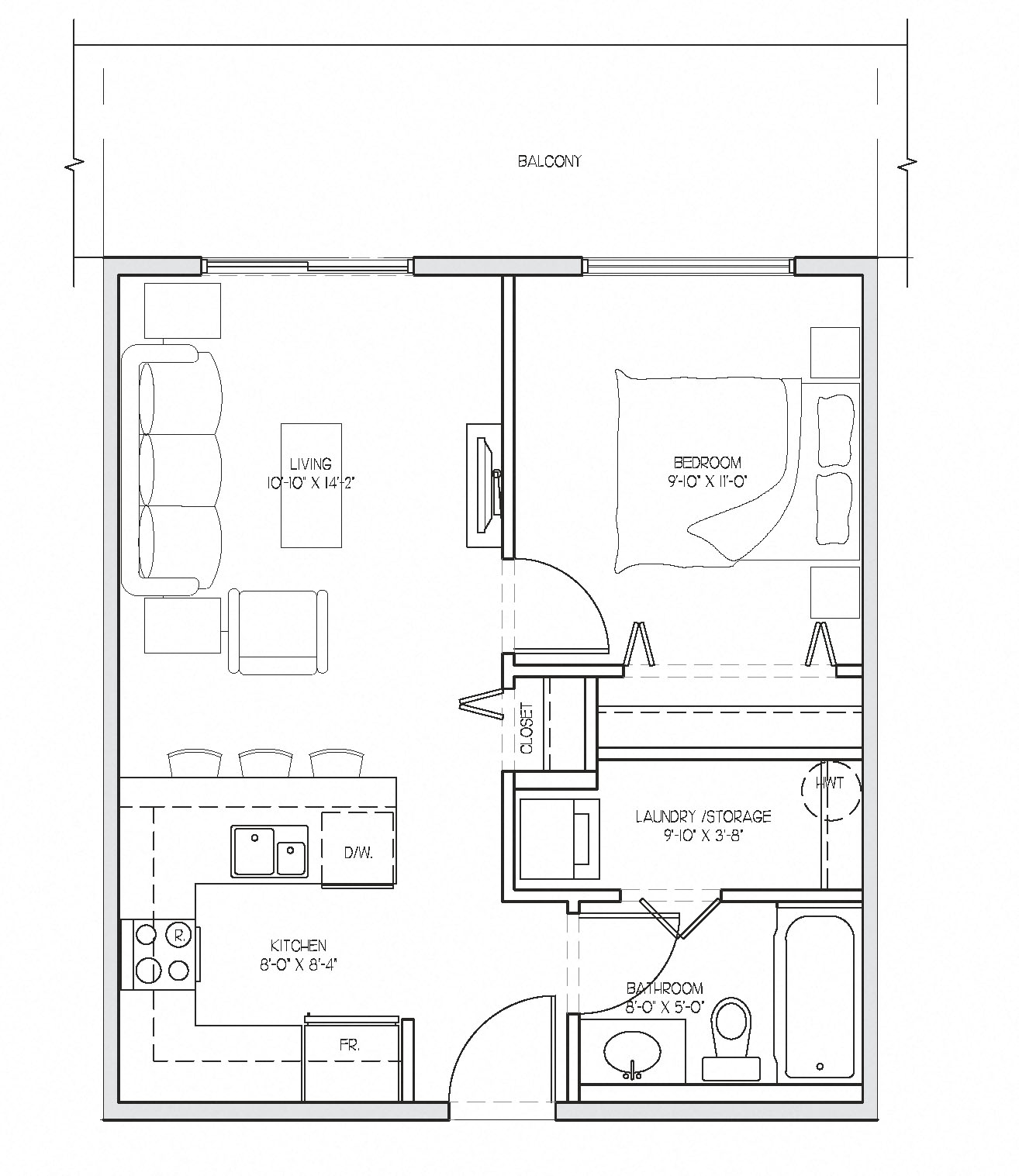 Floor plan for 1 bed, 1 bath, 531 sqft