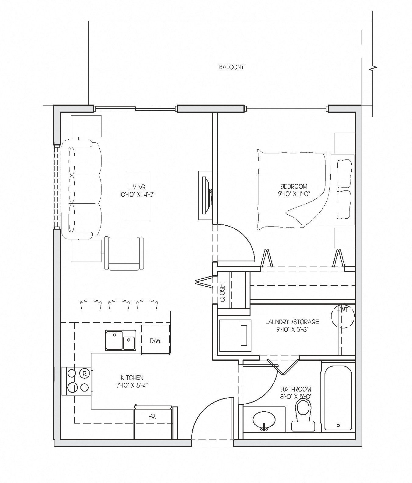 Floor plan for 1 bed, 1 bath, 533 sqft
