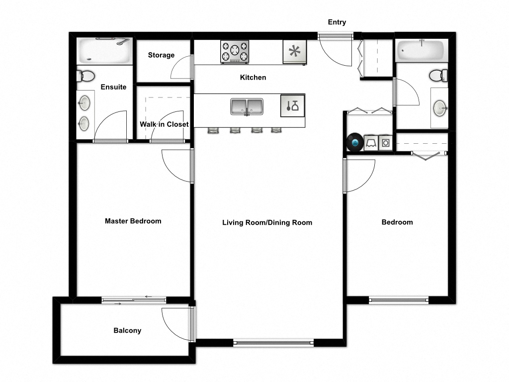Floor plan for 2 beds, 2 baths, 905 sqft