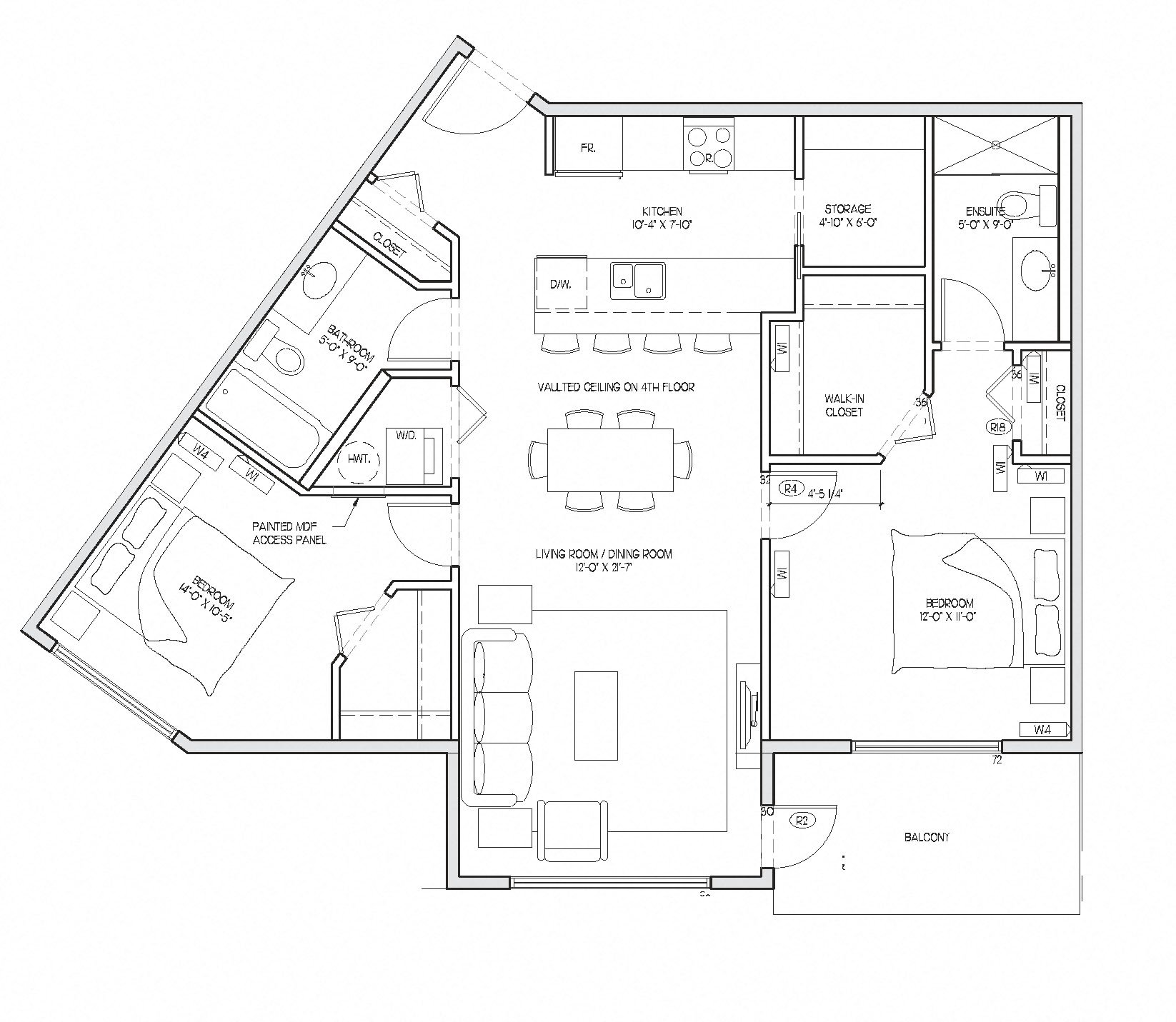 Floor plan for 2 beds, 2 baths, 990 sqft