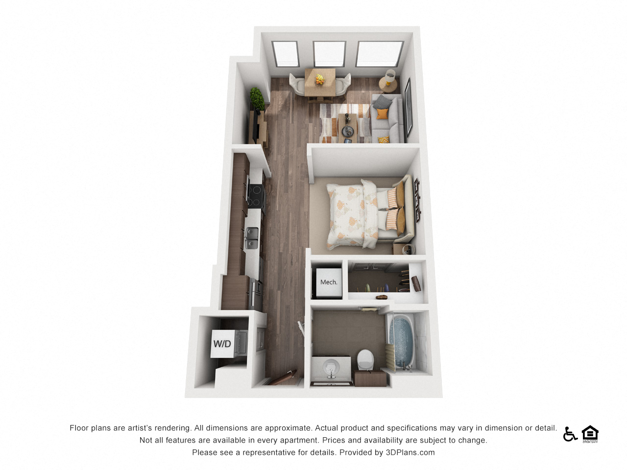 Floor plan for studio, 1 bath, 504 sqft