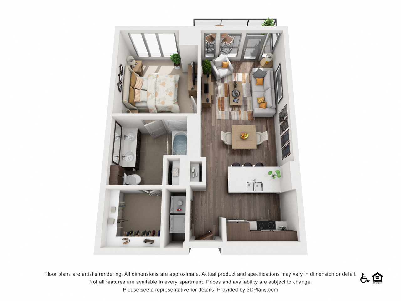 Floor plan for 1 bed, 1 bath, 716 sqft