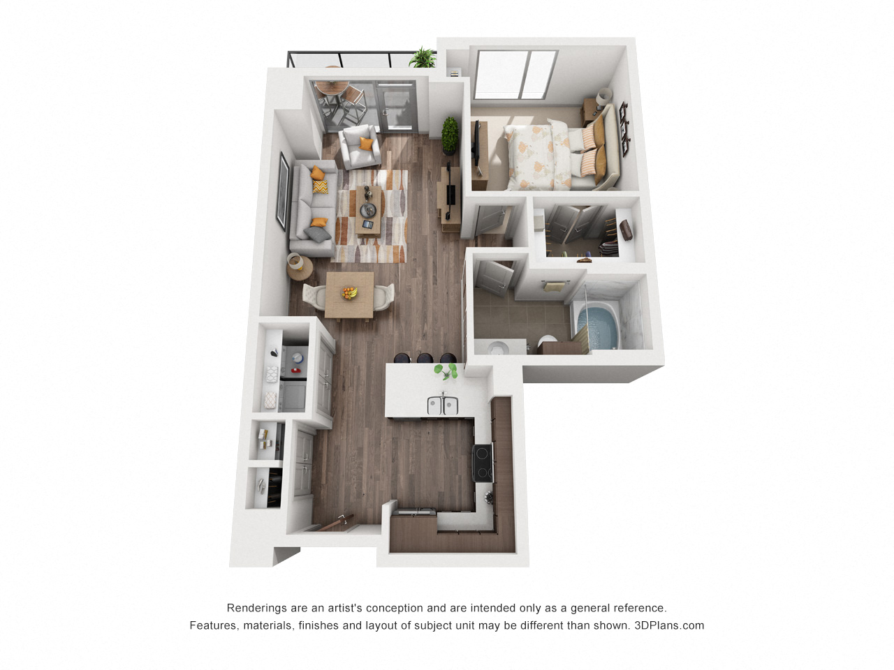Floor plan for 1 bed, 1 bath, 760 sqft