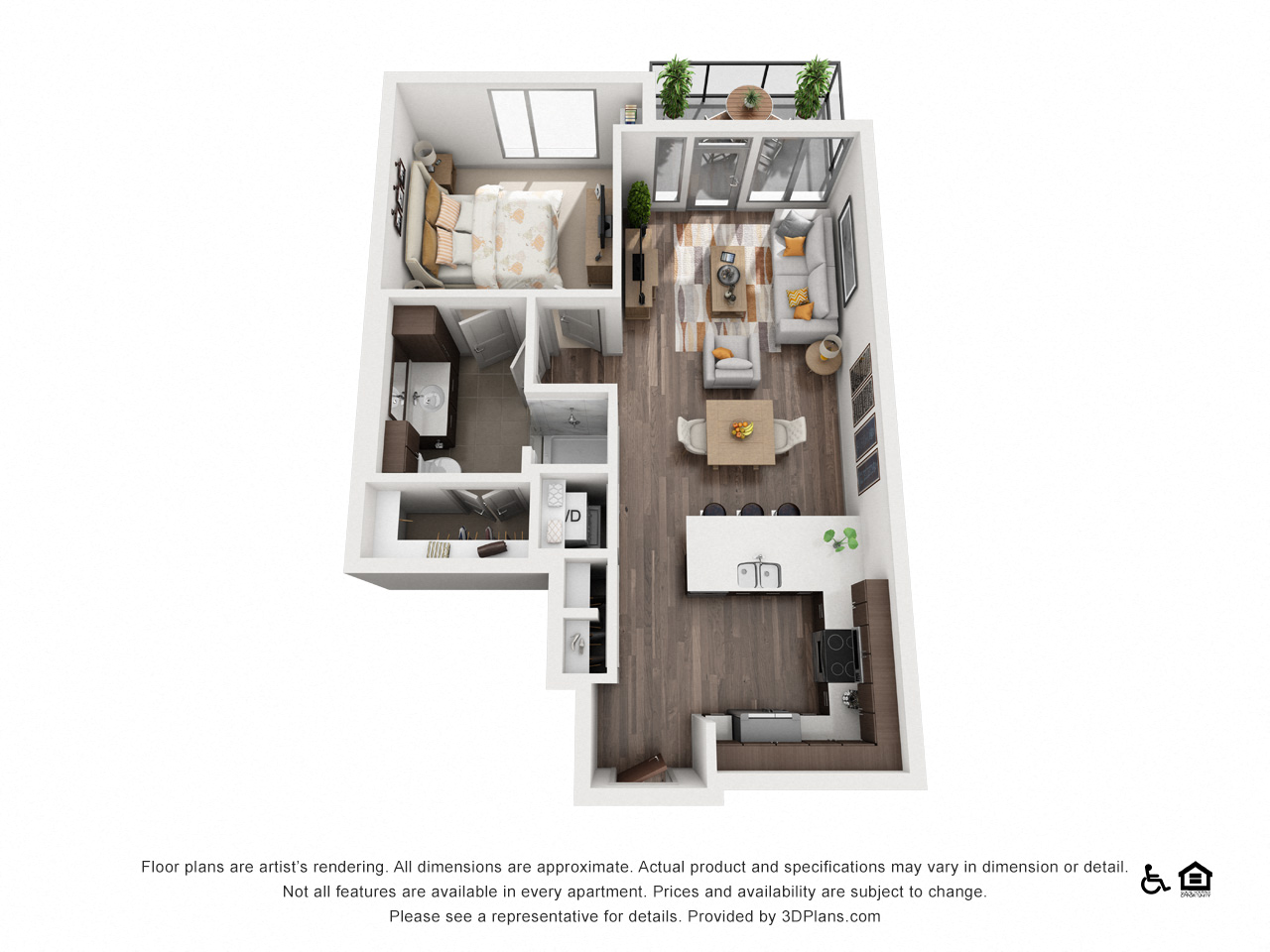 Floor plan for 1 bed, 1 bath, 702 sqft