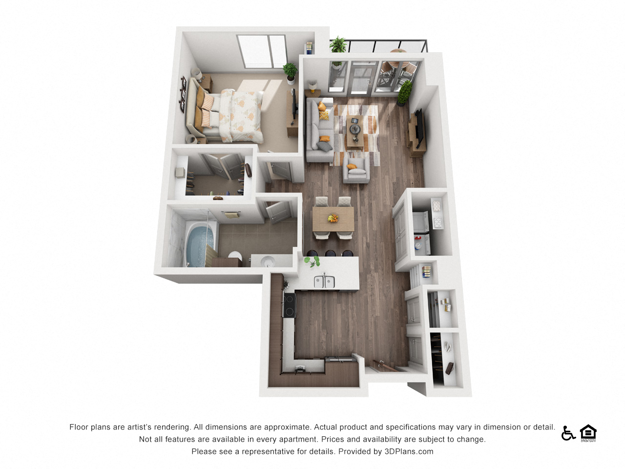Floor plan for 1 bed, 1 bath, 764 sqft