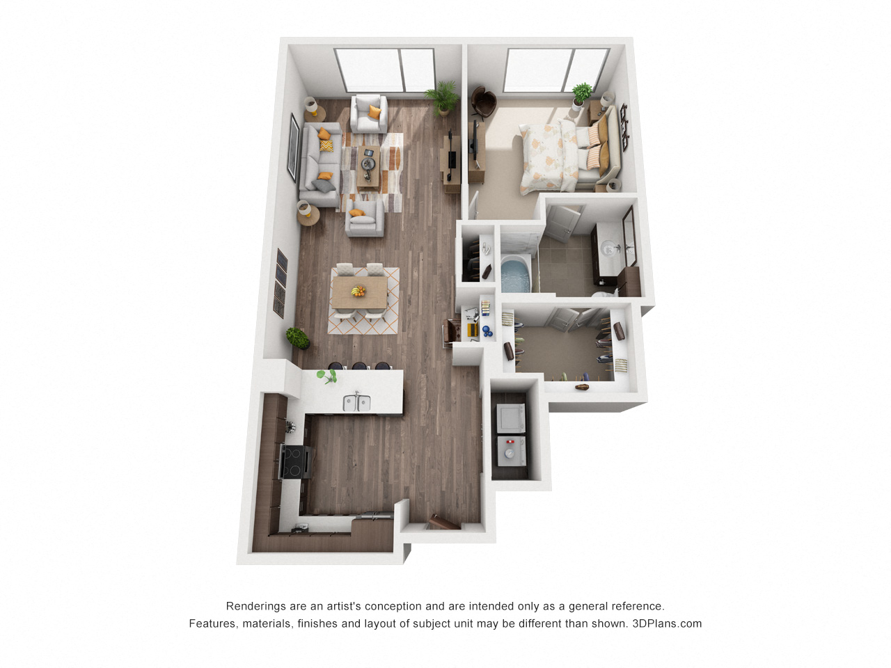 Floor plan for 1 bed, 1 bath, 829 sqft