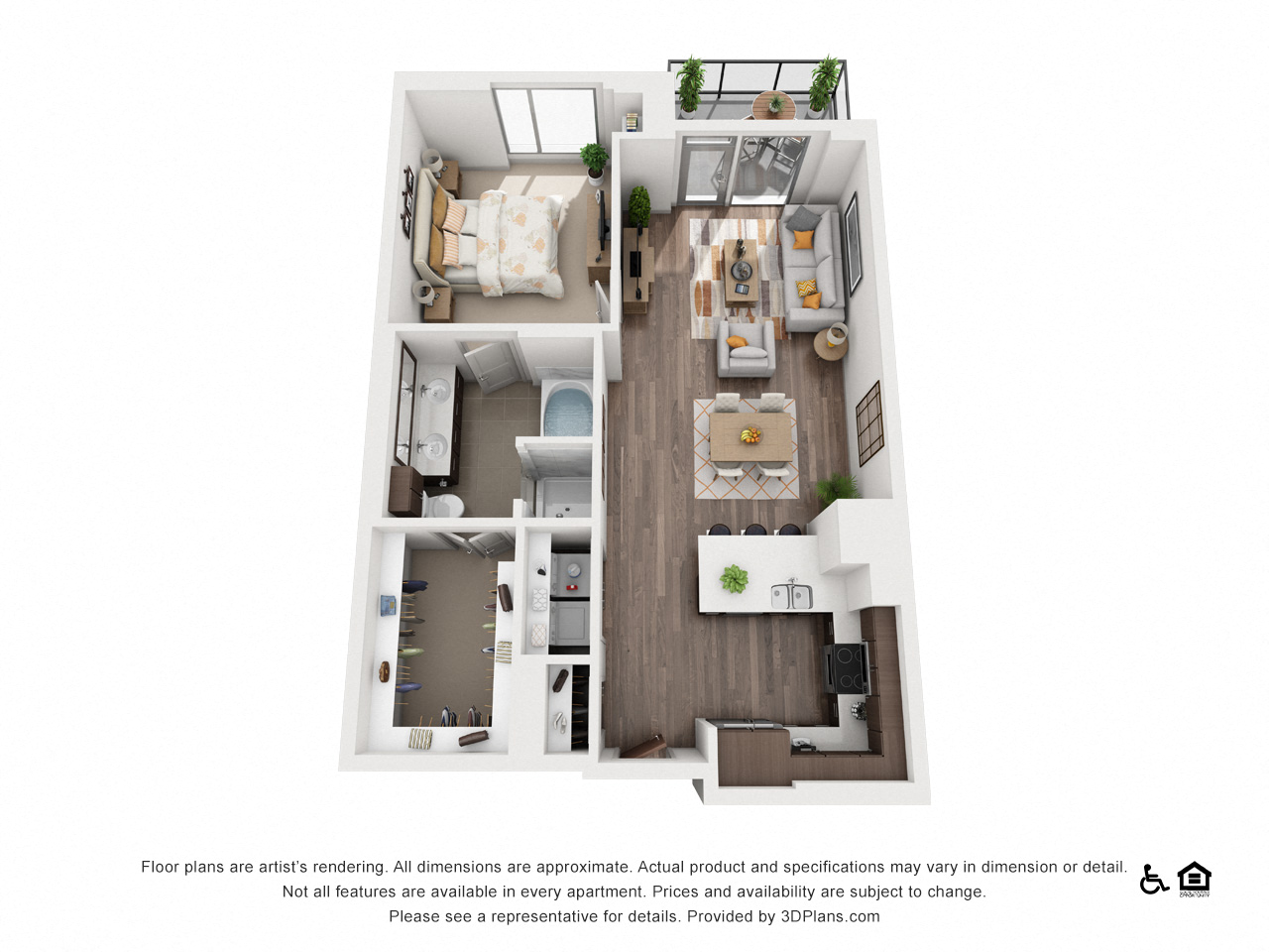 Floor plan for 1 bed, 1 bath, 865 sqft