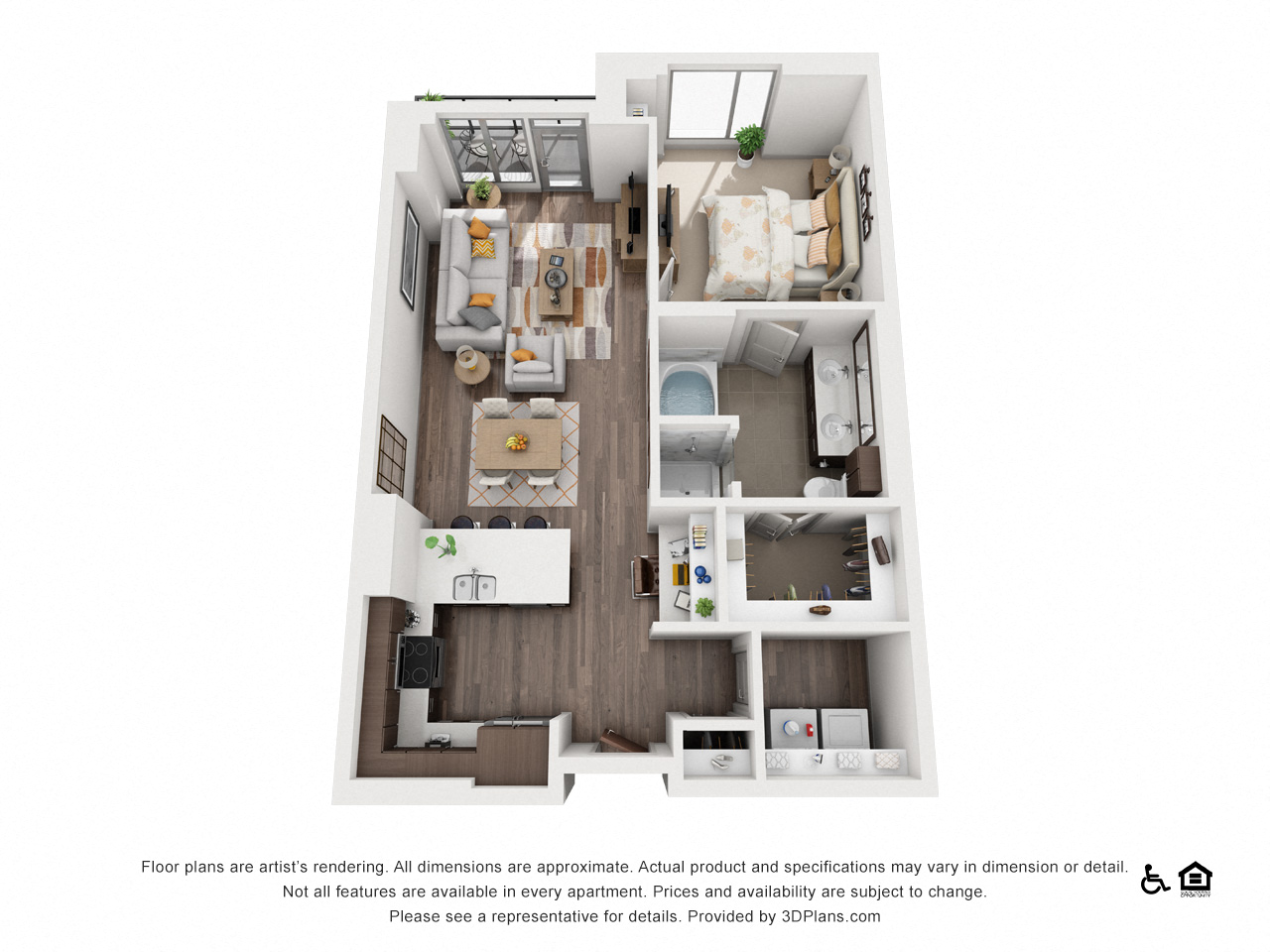 Floor plan for 1 bed, 1 bath, 895 sqft