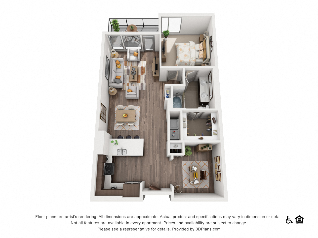 Floor plan for 1 bed, 1 bath, 973 sqft