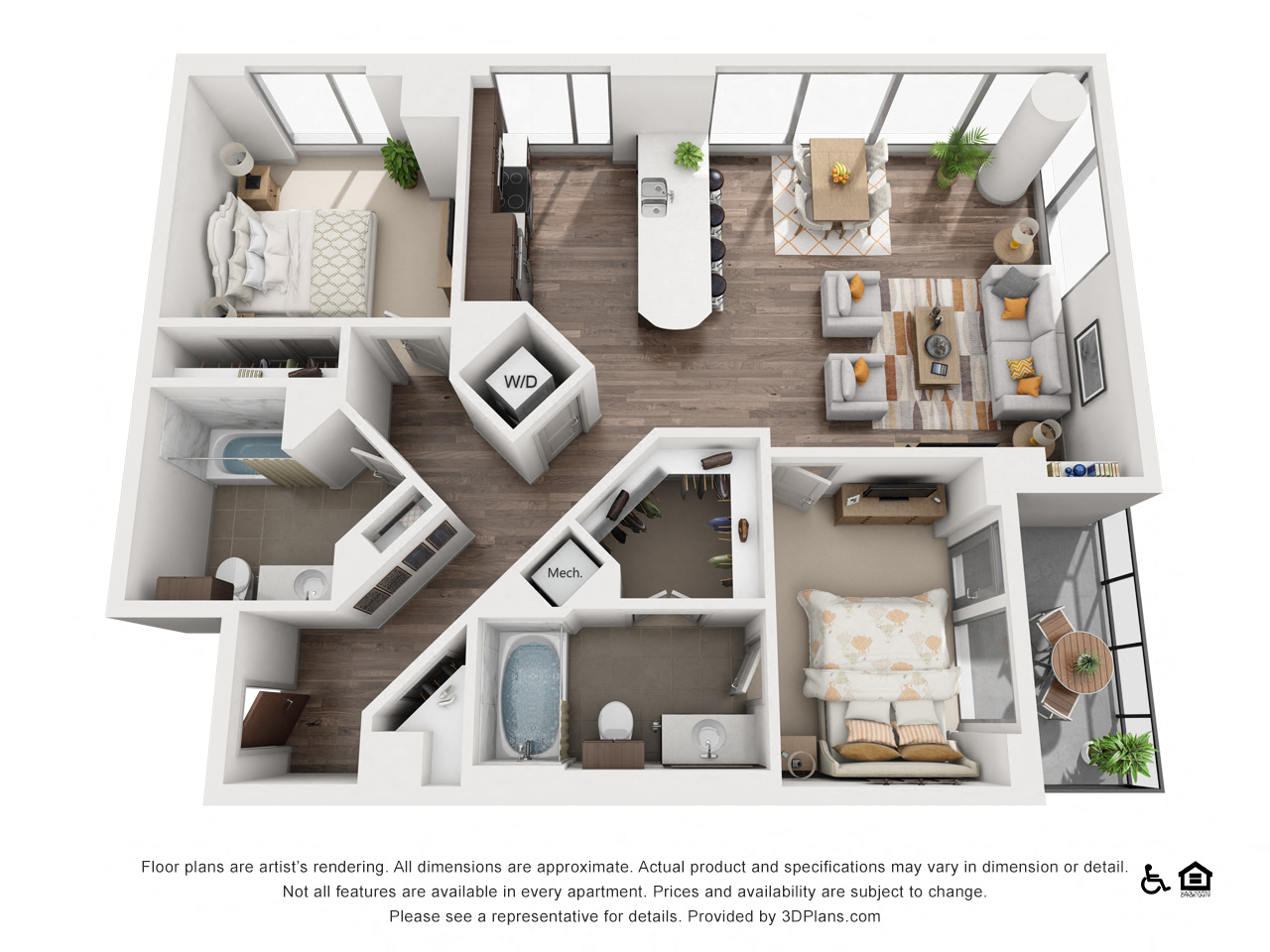 Floor plan for 2 beds, 2 baths, 1117 sqft