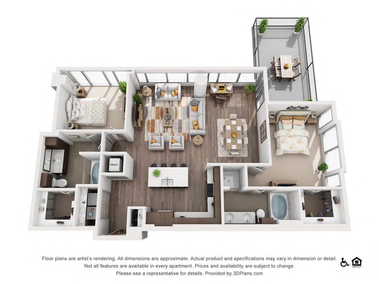Floor plan for 2 beds, 2 baths, 1465 sqft