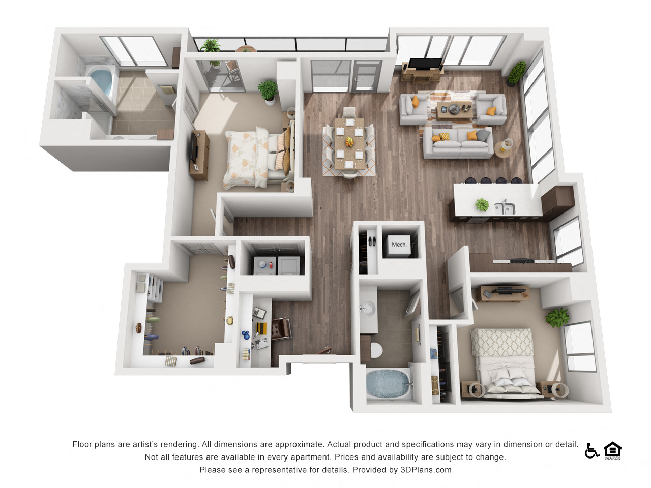 Floor plan for 2 beds, 2 baths, 1536 sqft