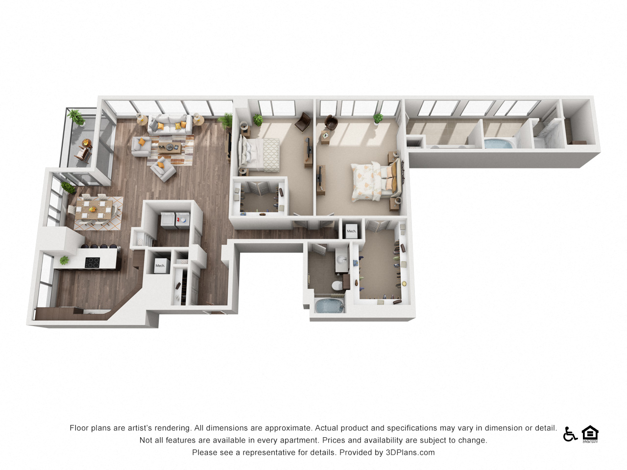 Floor plan for 2 beds, 2 baths, 1994 sqft