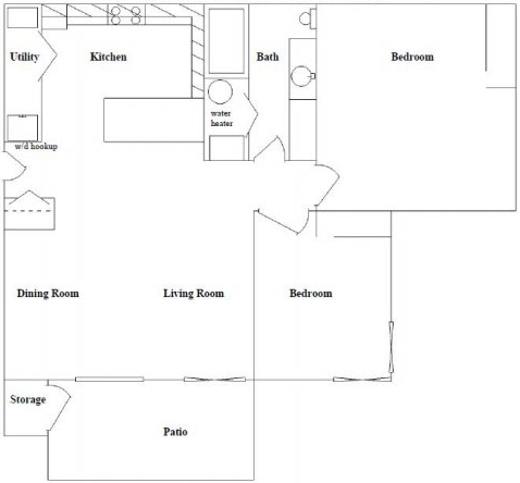 Floor plan for 2 beds, 1 bath, 967 sqft