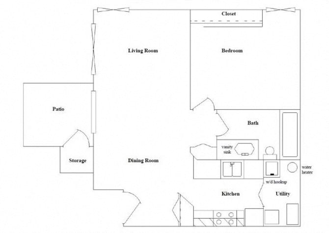 Floor plan for 1 bed, 1 bath, 707 sqft