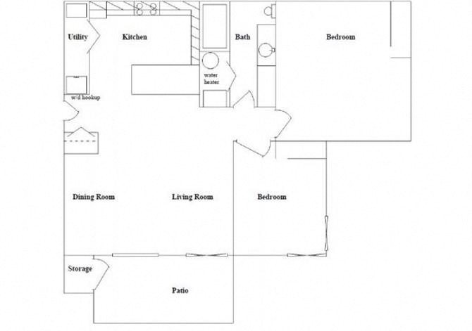 Floor plan for 2 beds, 1 bath, 967 sqft