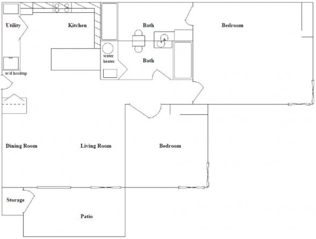 Floor plan for 2 beds, 2 baths, 1033 sqft