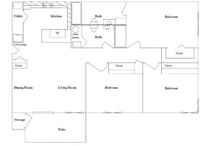Floor plan for 3 beds, 2 baths, 1150 sqft