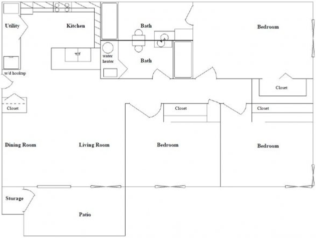 Floor plan for 3 beds, 2 baths, 1150 sqft