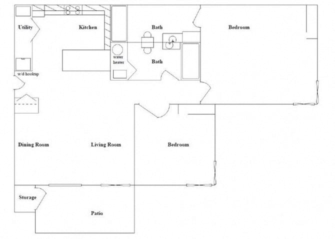 Floor plan for 2 beds, 2 baths, 1033 sqft
