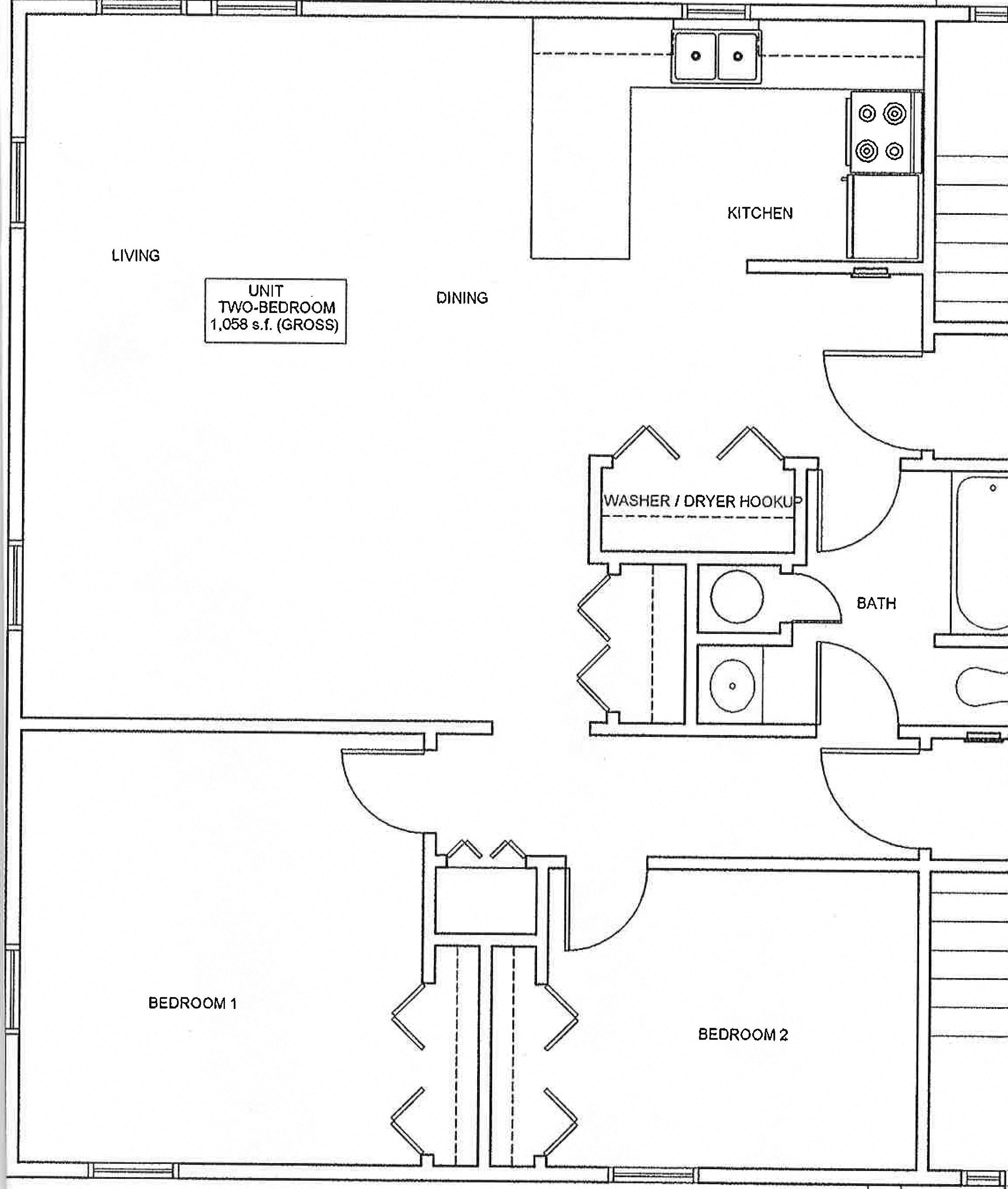 Floor plan for 2 beds, 1 bath, 1058 sqft