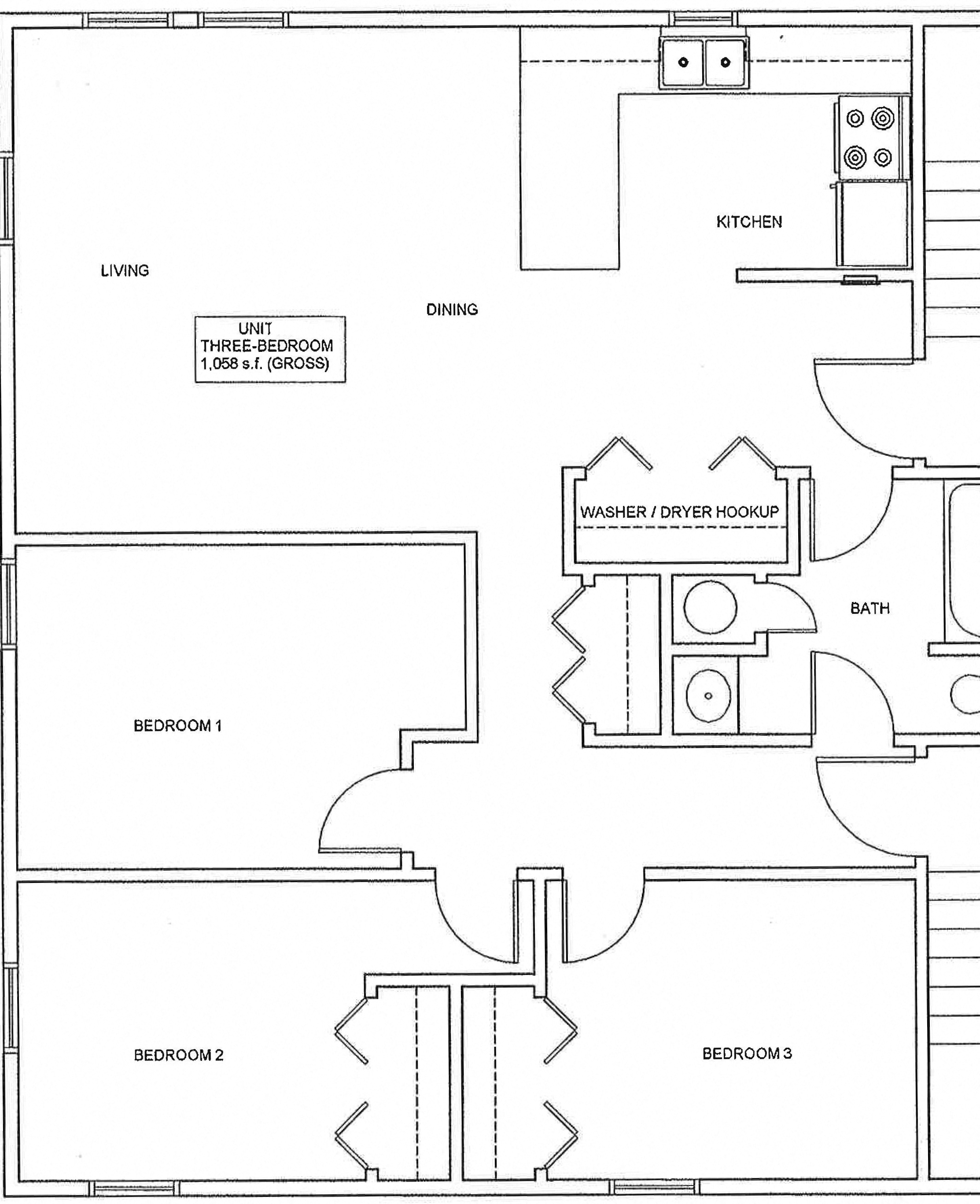 Floor plan for 3 beds, 1 bath, 1058 sqft