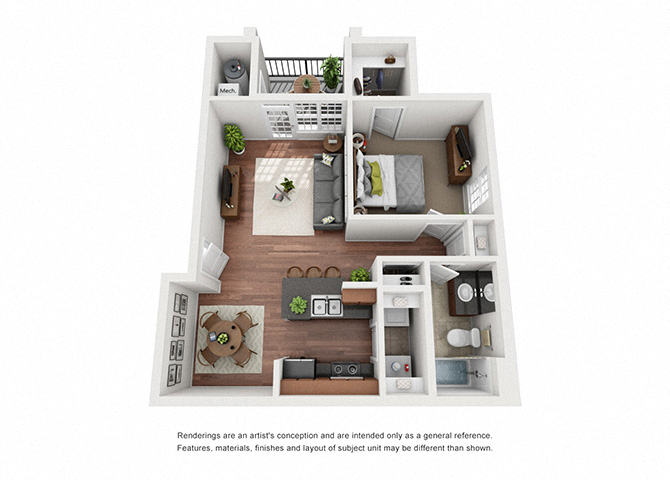 Floor plan for 1 bed, 1 bath, 696 sqft