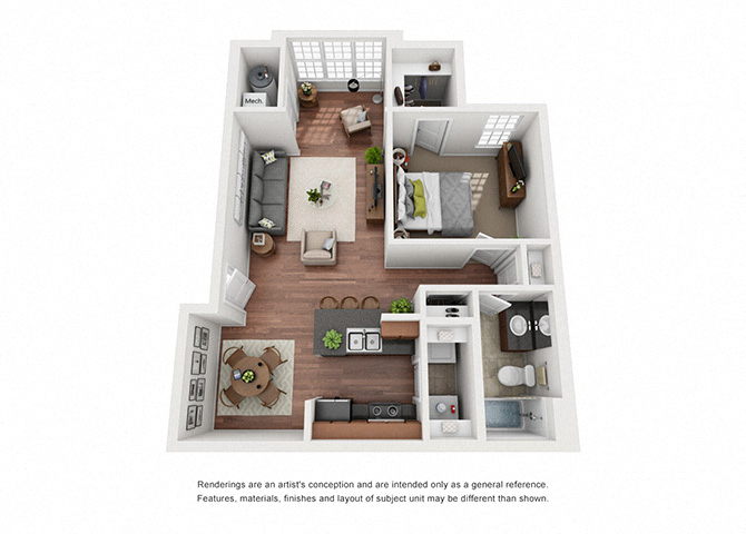 Floor plan for 1 bed, 1 bath, 782 sqft