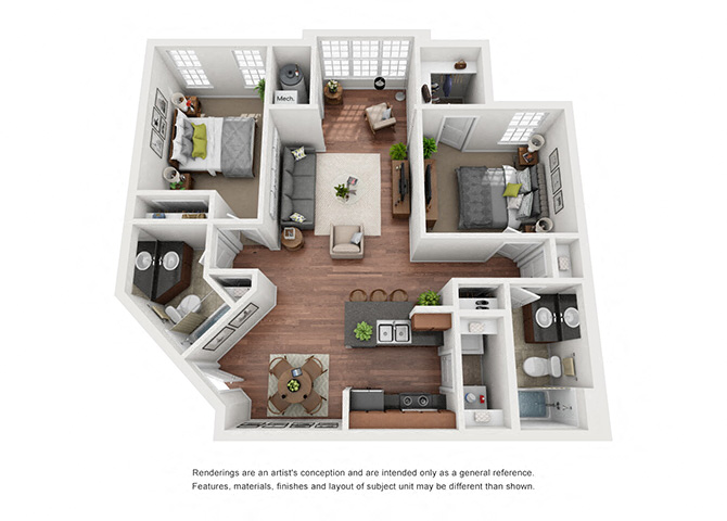 Floor plan for 2 beds, 2 baths, 1031 sqft