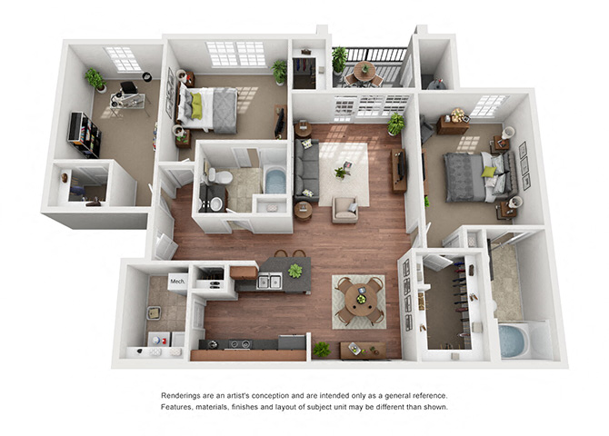 Floor plan for 2 beds, 2 baths, 1202 sqft