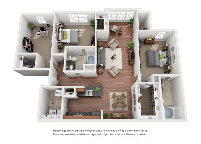 Floor plan for 2 beds, 2 baths, 1287 sqft