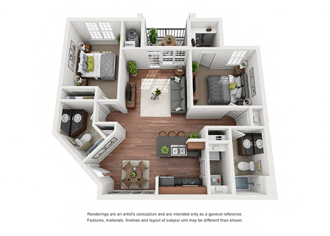 Floor plan for 2 beds, 2 baths, 941 sqft