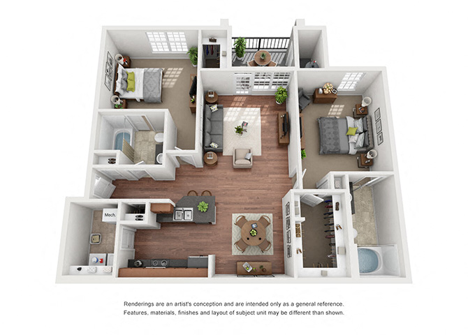 Floor plan for 2 beds, 2 baths, 1030 sqft